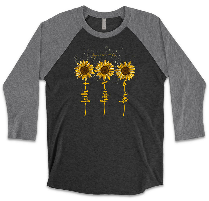 Faith, Hope & Love Sunflowers - Unisex Tri-Blend 3/4 Sleeve Raglan Tee - Joy & Country