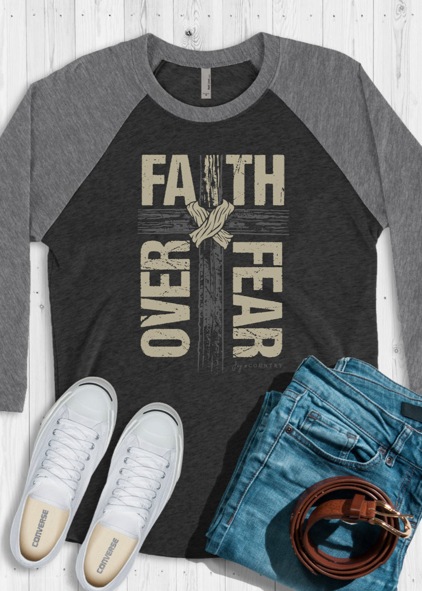 Faith Over Fear Cross - Unisex Tri-Blend 3/4 Sleeve Raglan Tee - Joy & Country