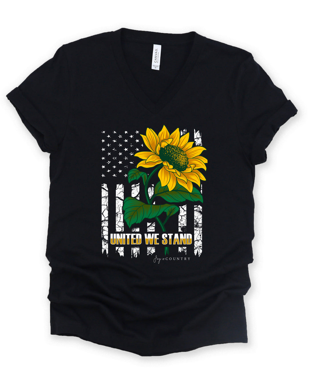 United We Stand American Flag Sunflower - Unisex V-Neck Tee - Joy & Country