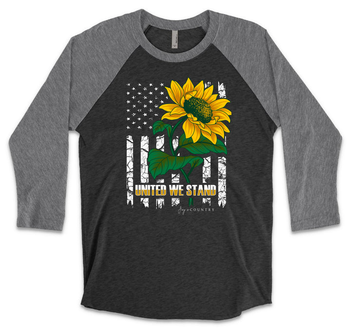United We Stand American Flag Sunflower - Unisex Tri-Blend 3/4 Sleeve Raglan Tee - Joy & Country