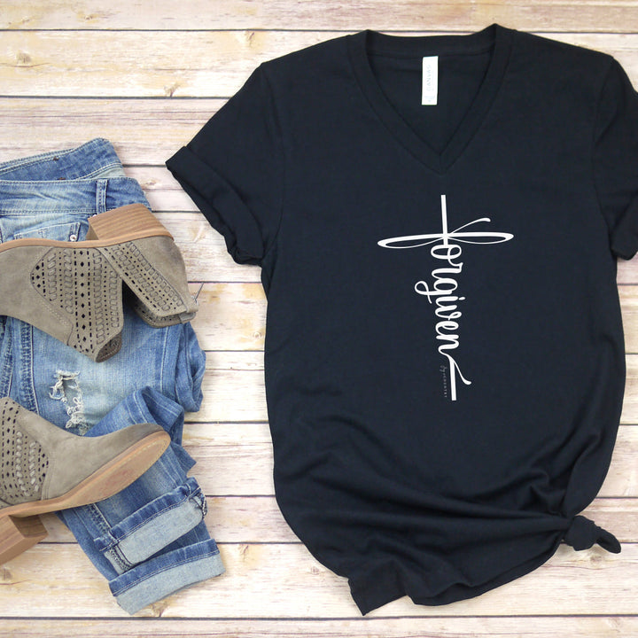 Forgiven Cross - Unisex V-Neck Tee   V-neck Joy & Country