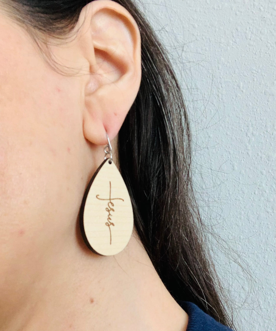 Jesus with Cross - Laser Engraved USA Hand-Made Maple Wood Earrings - Joy & Country