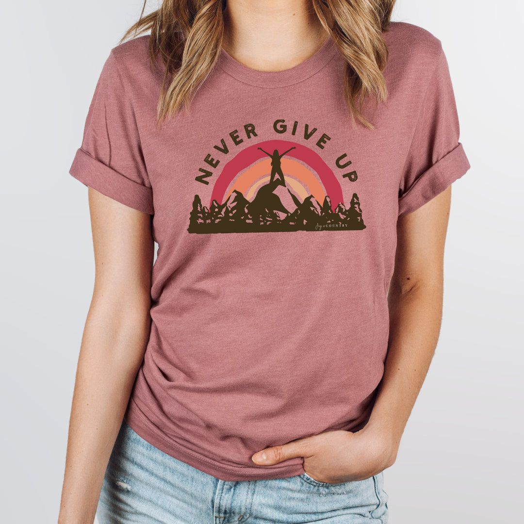 Never Give Up Mountaintop - Unisex Crew-Neck Tee - Joy & Country