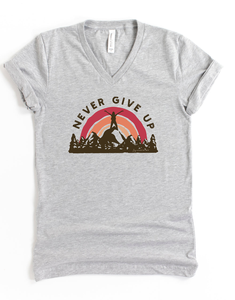 Never Give Up Mountaintop - Unisex V-Neck Tee - Joy & Country