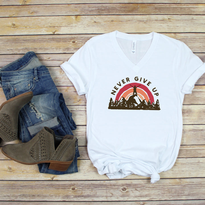 Never Give Up Mountaintop - Unisex V-Neck Tee - Joy & Country