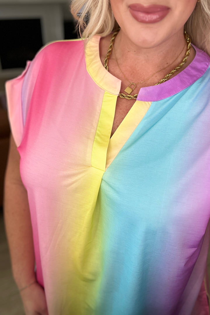 Lizzy Cap Sleeve Top - Ombre Rainbow