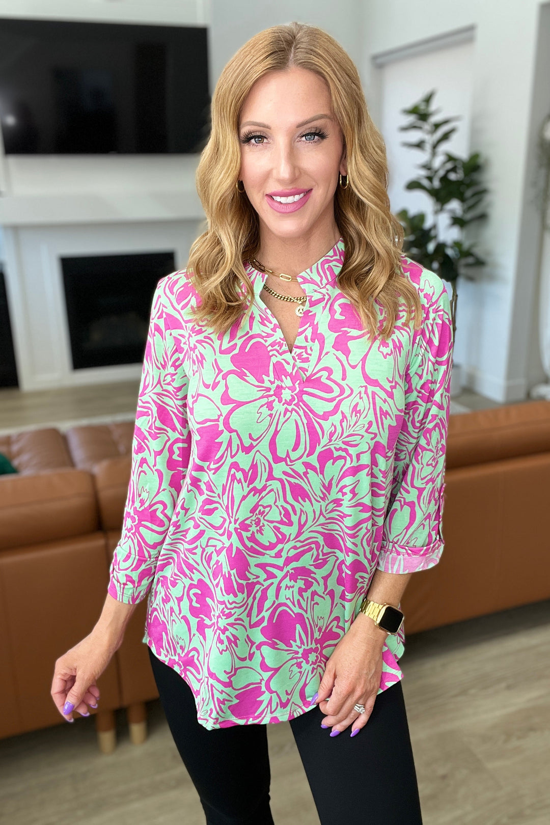 Lizzy 3/4 Sleeve Top - Emerald Pink Floral