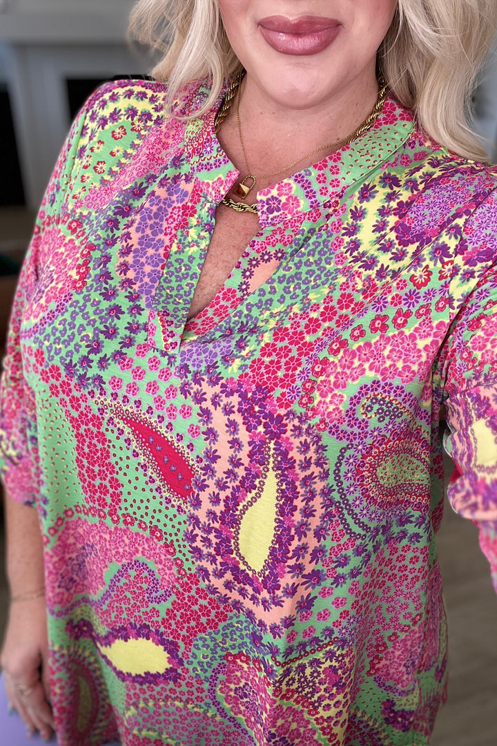 Lizzy 3/4 Sleeve Top - Green and Pink Paisley