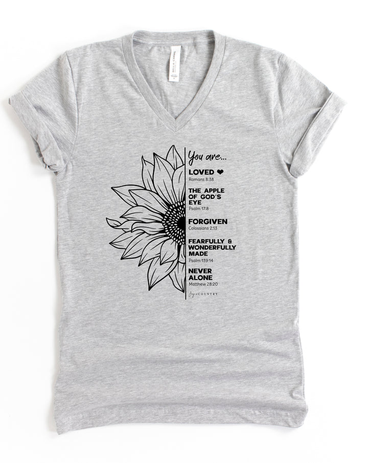 You Are Loved Sunflower Scriptures - Unisex V-Neck Tee - Joy & Country