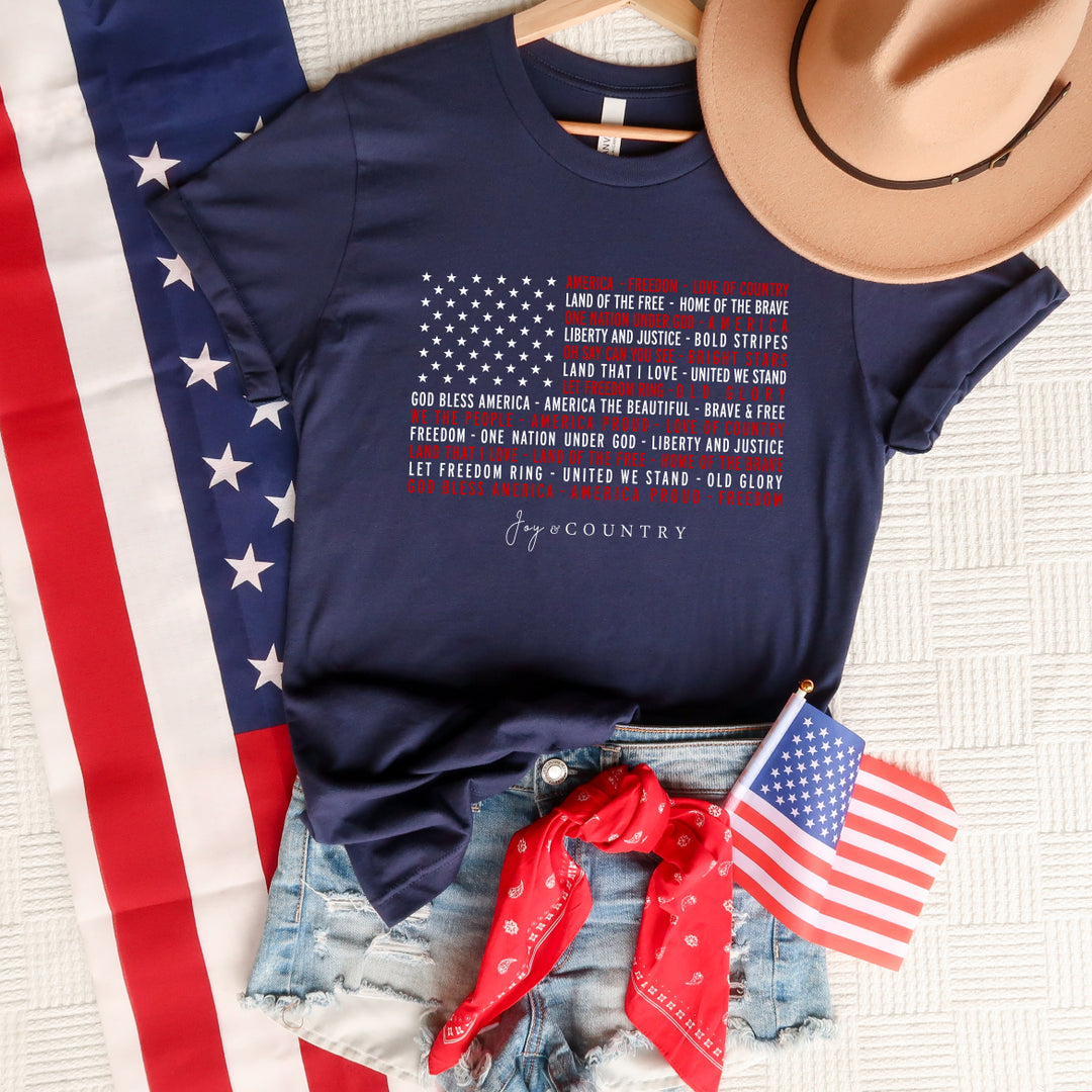 We Love America - Flag With Phrases - Unisex Crew-Neck Tee - Joy & Country
