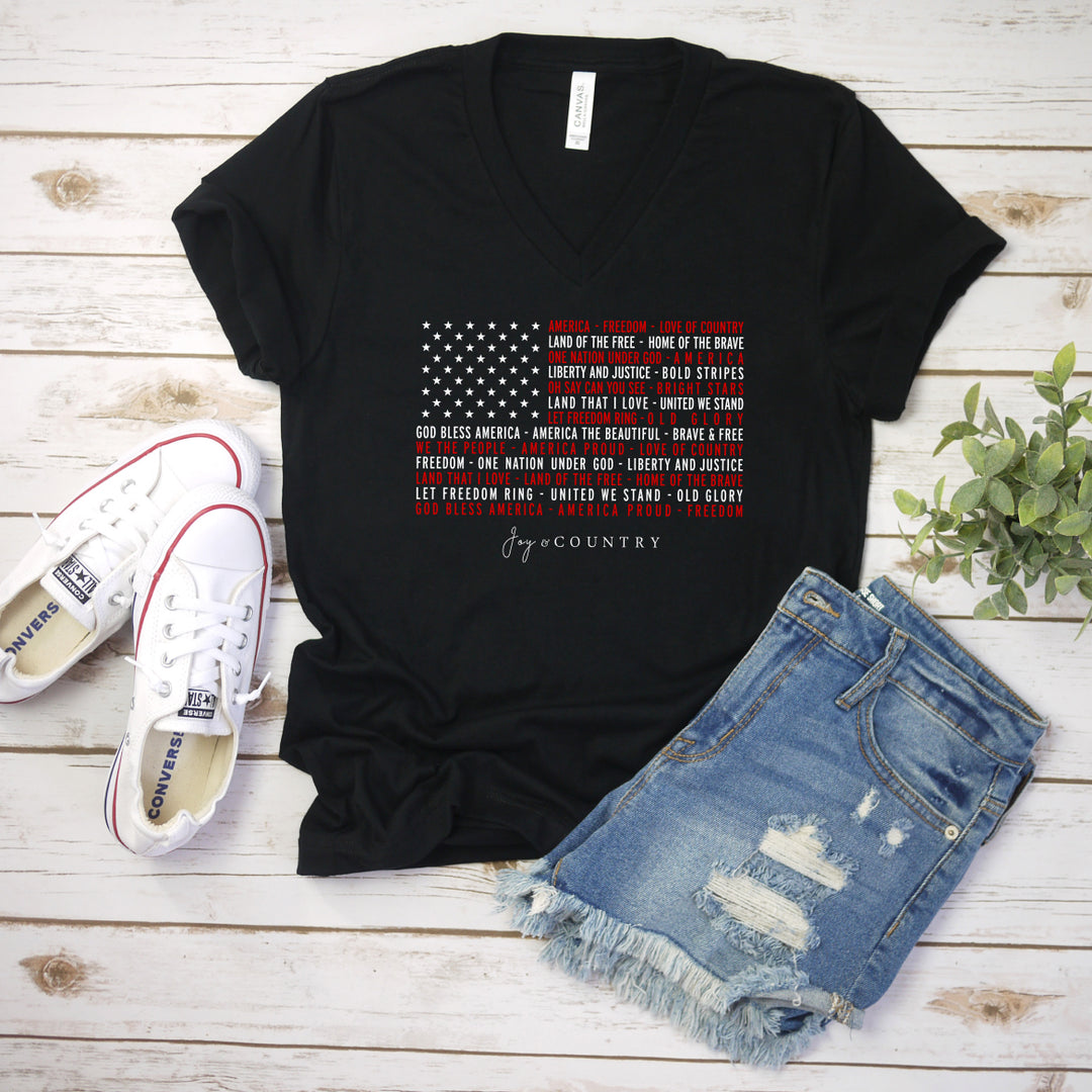 We Love America - Flag With Phrases - Unisex V-Neck Tee - Joy & Country