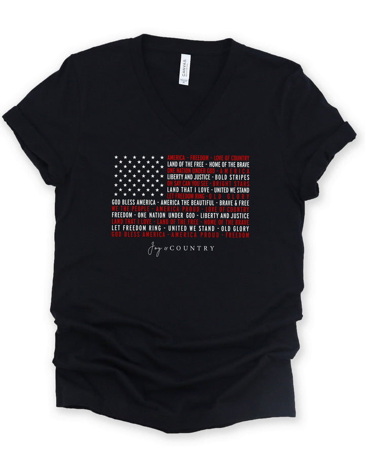 We Love America - Flag With Phrases - Unisex V-Neck Tee - Joy & Country