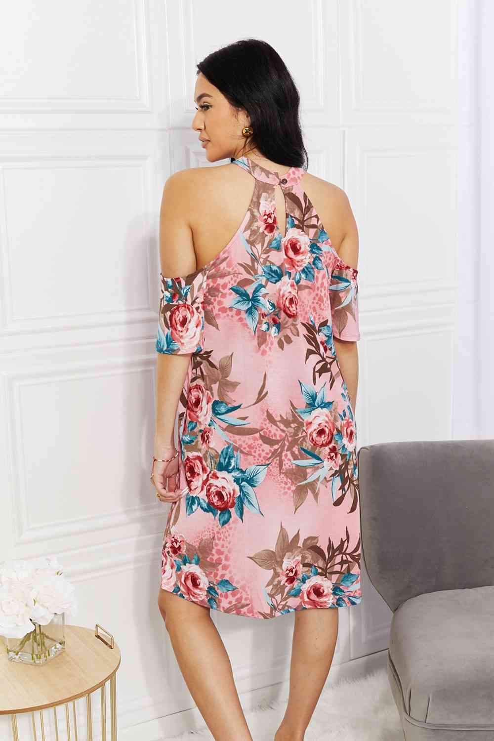 Tropical Floral Cold-Shoulder Dress