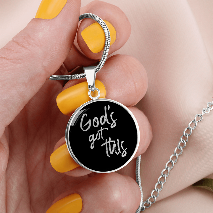 God's Got This - Stainless Steel Circle Necklace Black Background - Engravable - Joy & Country