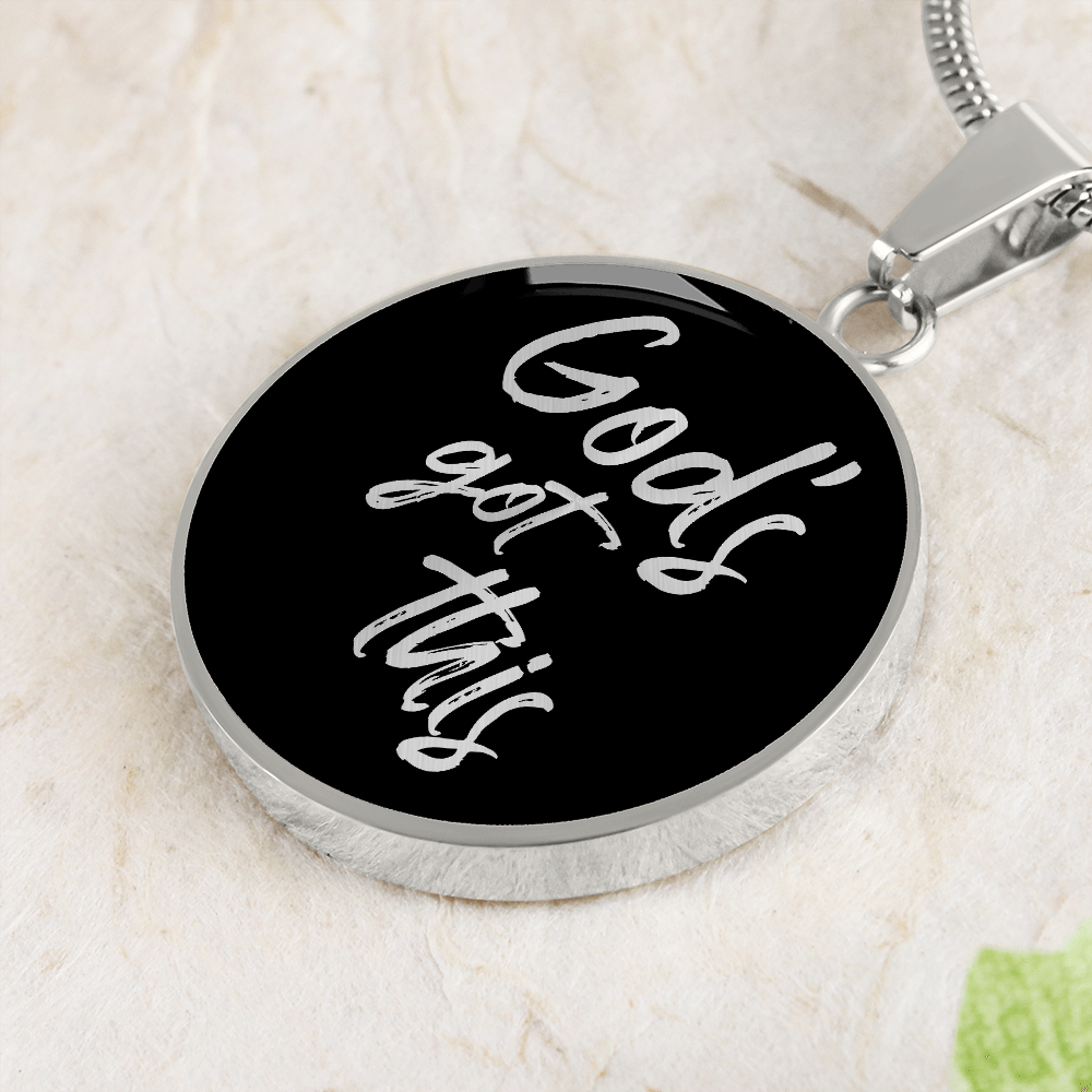 God's Got This - Stainless Steel Circle Necklace Black Background - Engravable - Joy & Country
