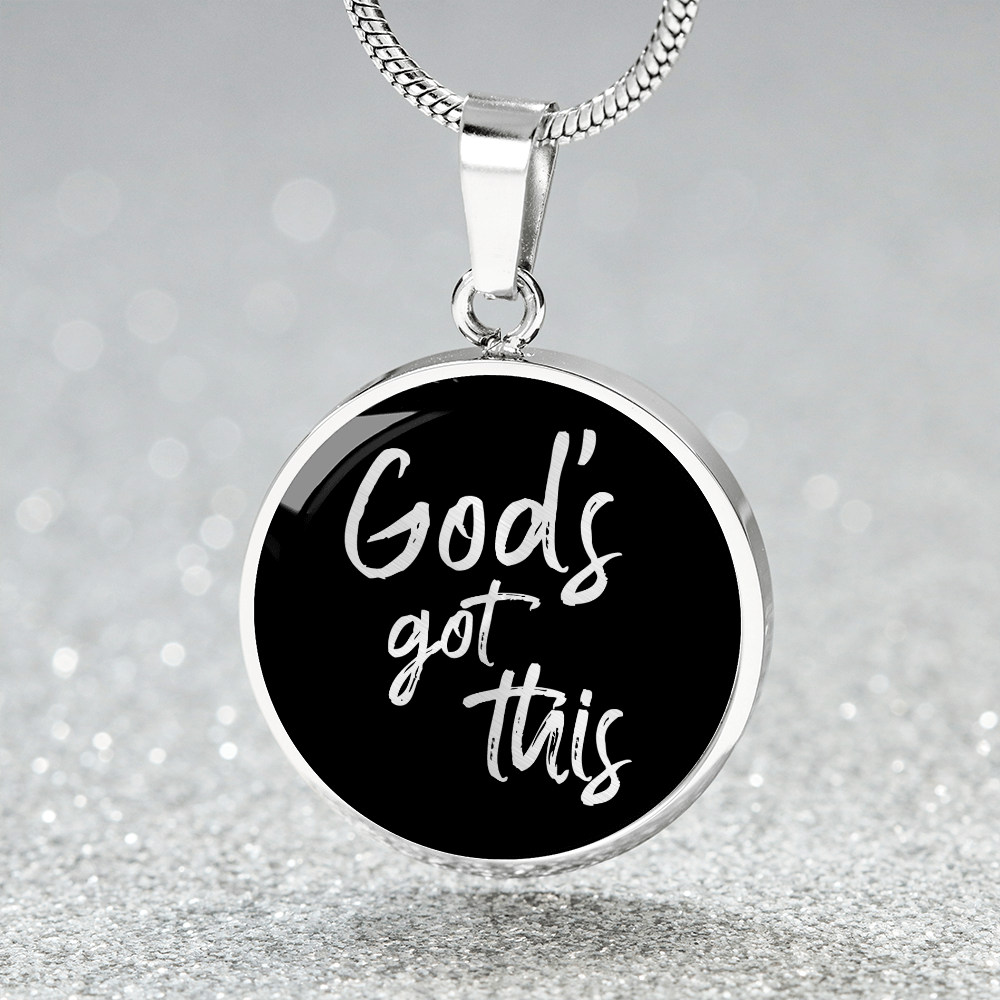 God's Got This - Stainless Steel Circle Necklace Black Background - Engravable - Joy & Country