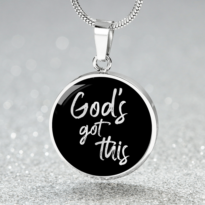 God's Got This - Stainless Steel Circle Necklace Black Background - Engravable - Joy & Country