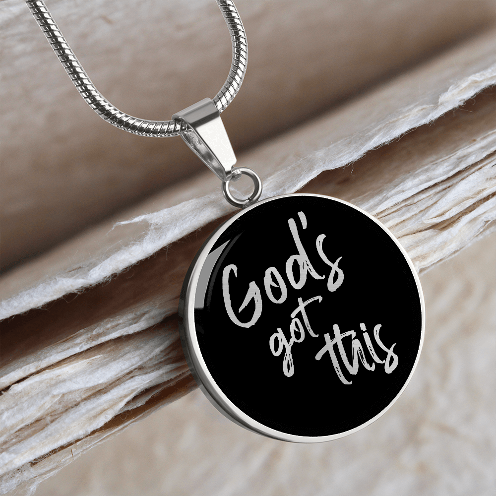 God's Got This - Stainless Steel Circle Necklace Black Background - Engravable - Joy & Country