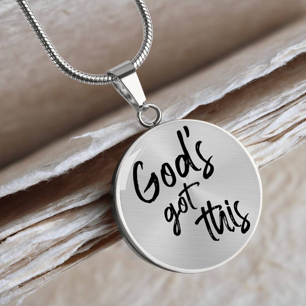 Engravable stainless steel circle necklace with 'God's Got This' inscription