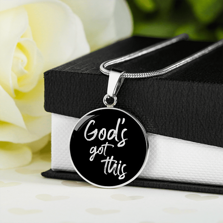 God's Got This - Stainless Steel Circle Necklace Black Background - Engravable - Joy & Country