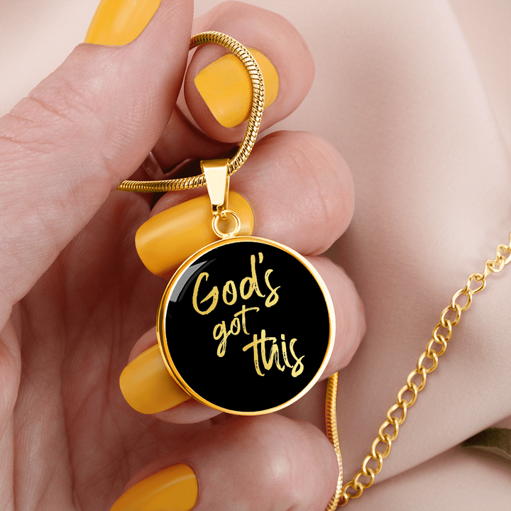 God's Got This - Stainless Steel Circle Necklace Black Background - Engravable - Joy & Country