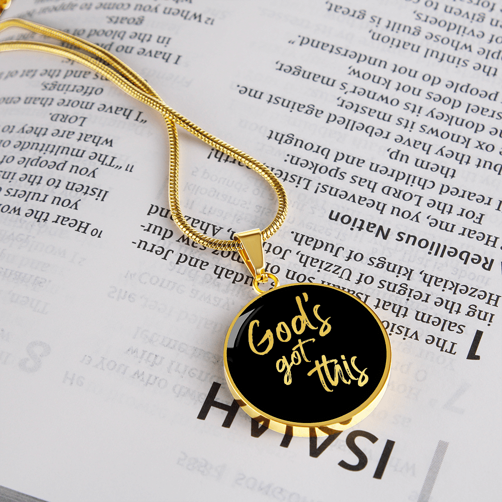 God's Got This - Stainless Steel Circle Necklace Black Background - Engravable - Joy & Country