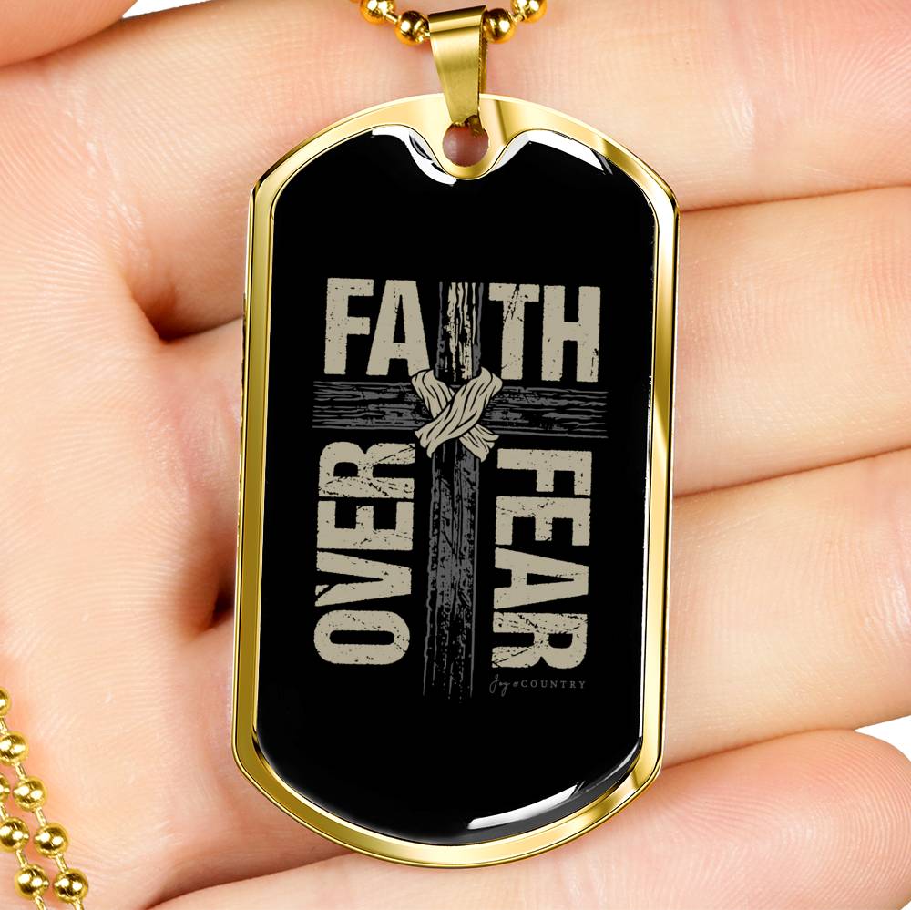 Faith Over Fear w/ Black Background - Military-Style Dog Tag Stainless Steel Necklace - Engravable - Joy & Country