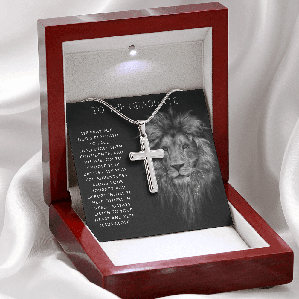To the Graduate - Strong as a Lion - Stainless Steel Cross Necklace - Joy & Country
