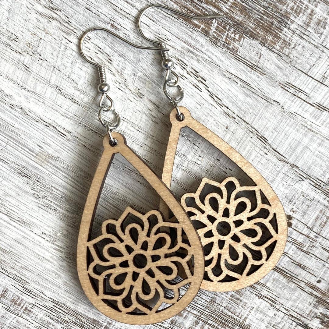 Bursts Of Joy - Laser Engraved USA Hand-Made Earrings (Maple Wood)